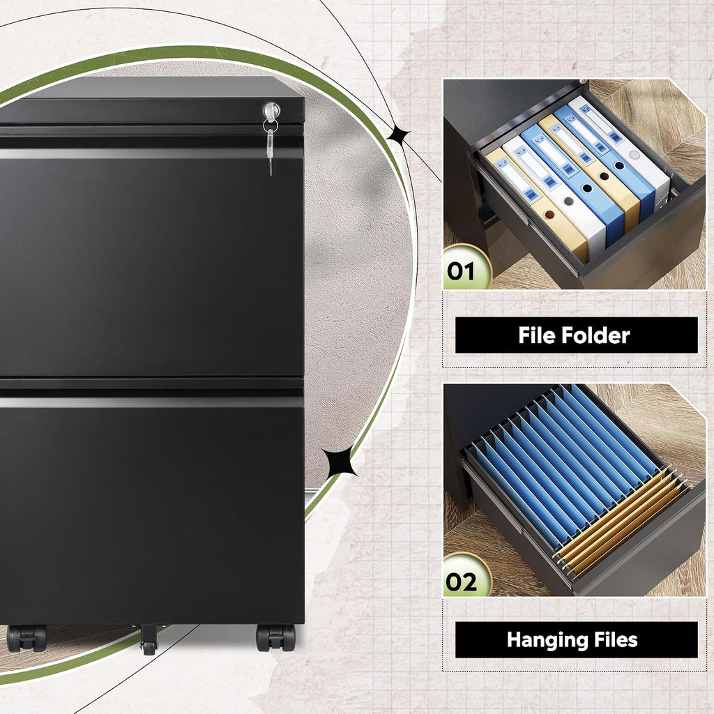 2 Drawer Metal File Cabinet, Fully Assembled Filing Cabinet | Under Desk Mobile File Cabinet with Lock , Fits