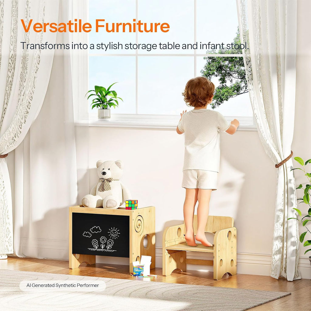 Toddler Table and Chair Set, Bamboo Kids Table and Chair Set with Chalkboard, 3 in 1 Baby Table and Chair for Ages