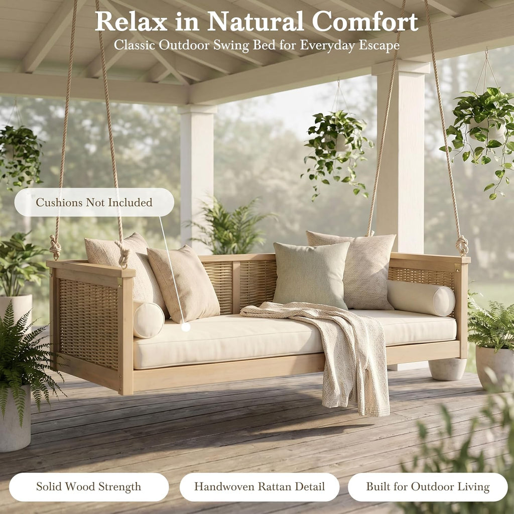 Twin Size Outdoor Porch Swing Bed, Acacia Wood & Rattan Hanging Daybed with Ropes , Backyard & Garden, Light Teak