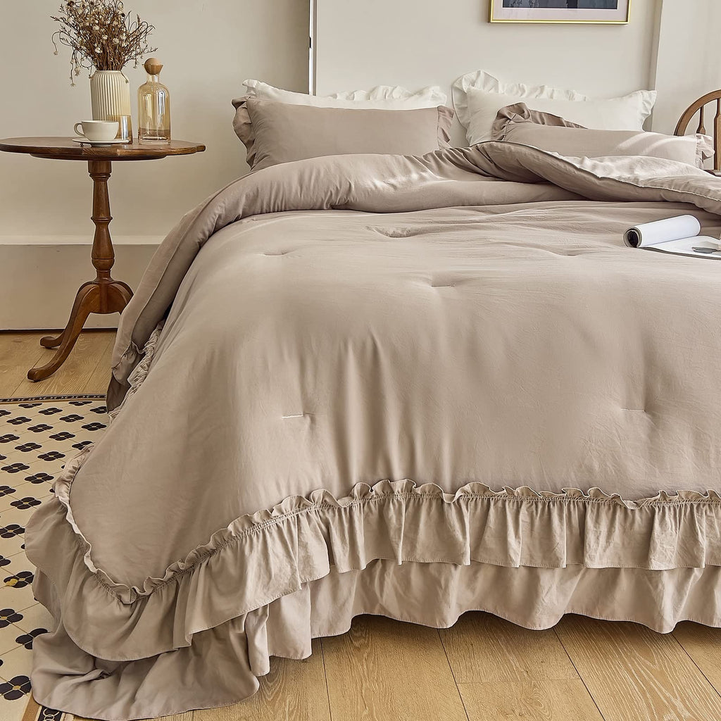 Taupe Comforters Set, Vintage Boho Chic Farmhouse Bedding Sets Shabby Ruffle Bed Comforter Bedding
