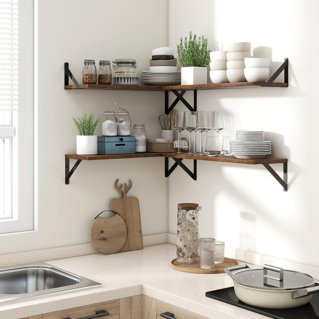 24 Inch Floating Shelves, 8 Inch Deep Brown Wall Shelves Set of 2 | 24'' x 8'' Rustic Brown Wood Shelves for