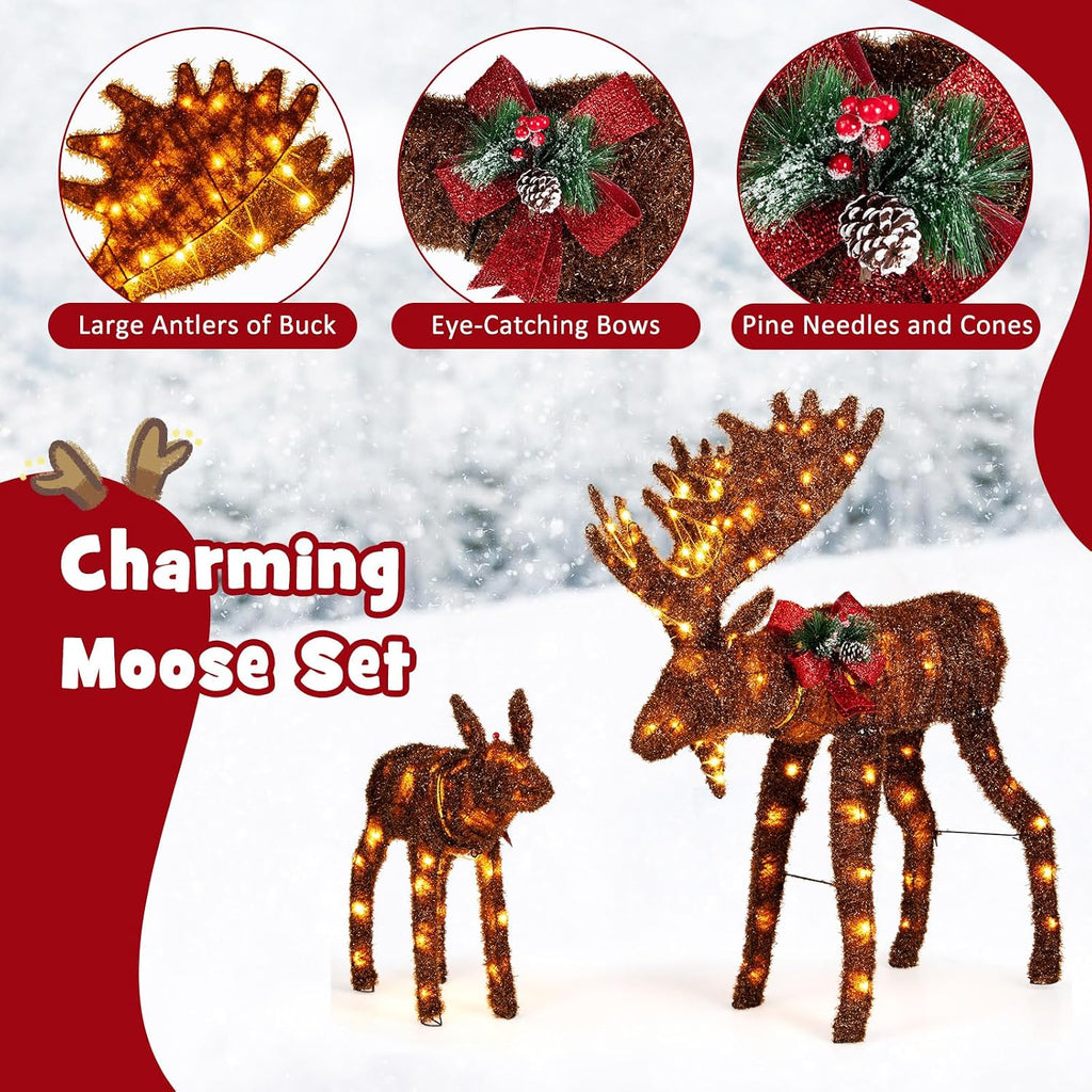 2-Piece 3D Lighted Christmas Moose Family Set, Pre-Lit Deer Xmas Decoration with LED Lights, Ground Stakes and Zip