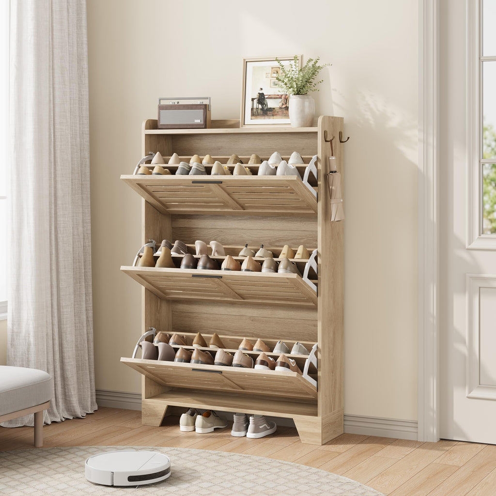 Shoe Cabinet Storage, Slim Shoe Storage Cabinet with 3 Flip Drawers, Freestanding Hidden Narrow Shoe Organizer