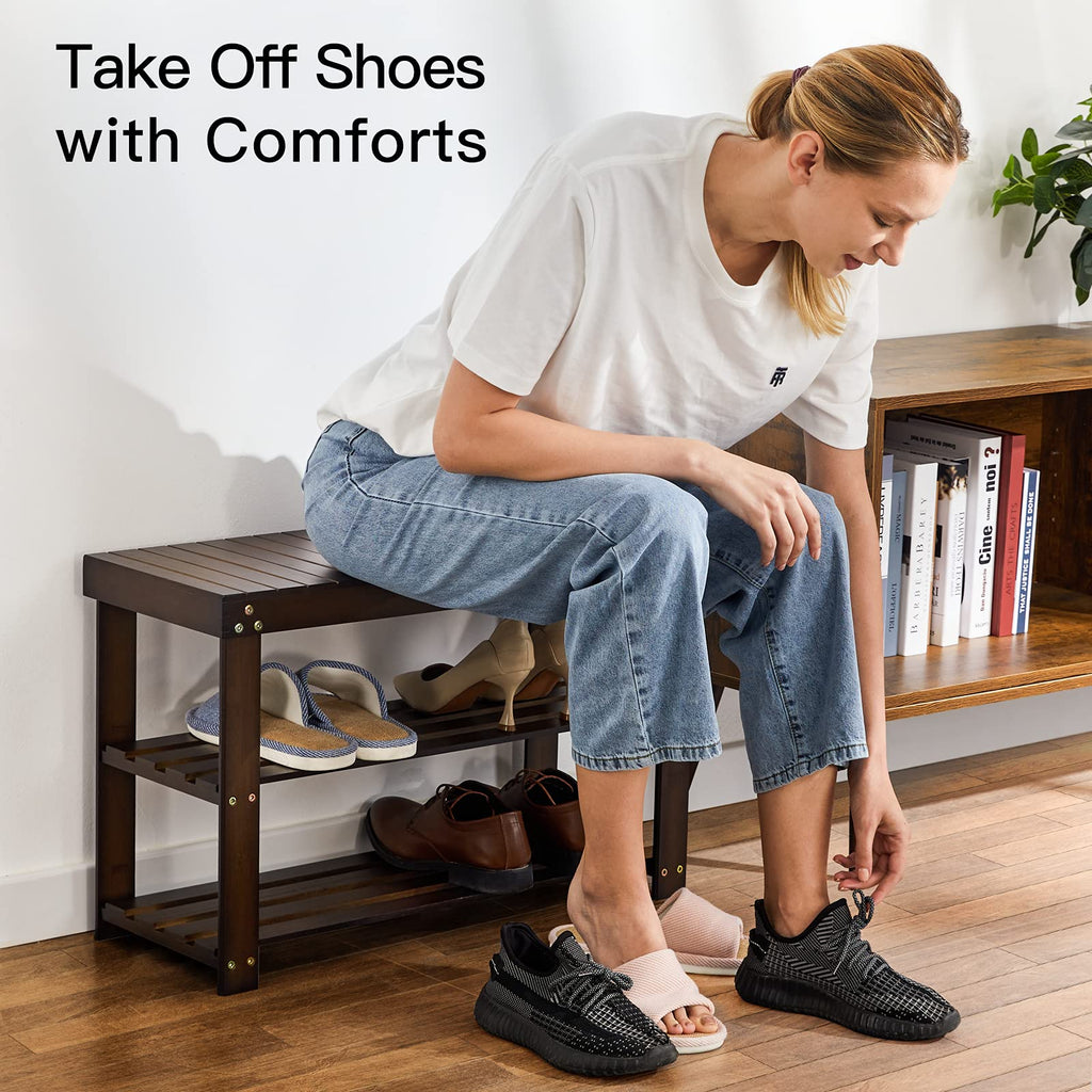 3 Tier Bamboo Shoe Rack Bench, Brown