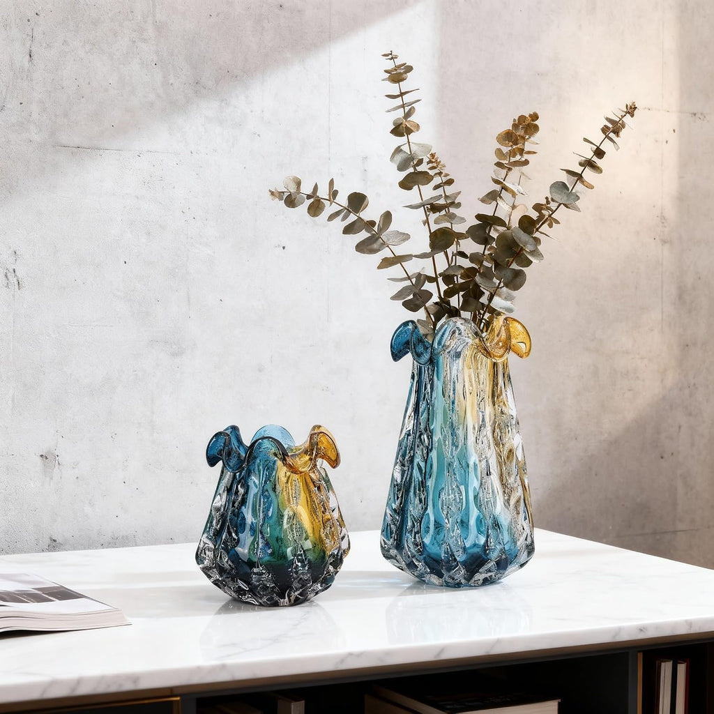 Hand Blown Glass Vase - Multi-Size Colorful Gradient Flower Vase for Centerpieces, Art Glass Home Decor & Living Room