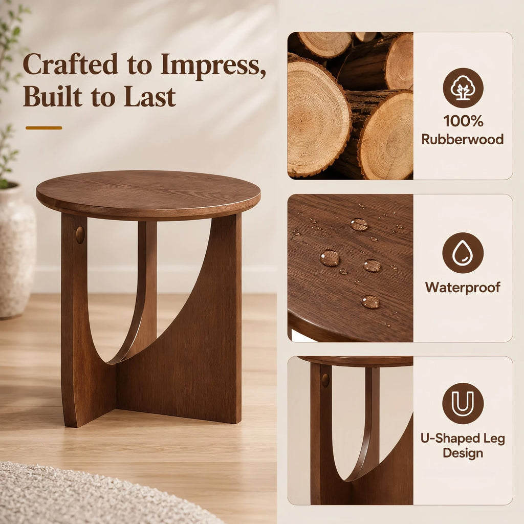 100% Solid Wood Round Side Table, 19.7'' Walnut Brown Small End Table, Sofa Side Table with Sculptural Curved Base