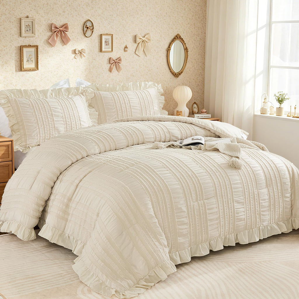 Beige Ruffle Comforter, Boho Shabby Chic Bedding for Bed, Soft Seersucker Farmhouse Bedding Set with 1