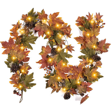 Fall Maple Leaf Garland, 9 Ft Fall Decor Garland with 30 Warm Lights