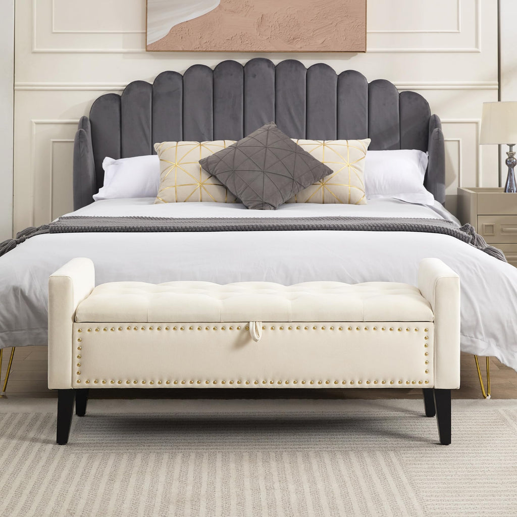 47" Velvet Storage Bench, Upholstered Bed Bench with Storage, End of Bed Ottoman with Wooden Legs, Bedside Storage