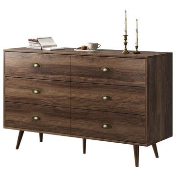 47" Vintage Dresser with 6 Drawers and Metal Handles, Walnut