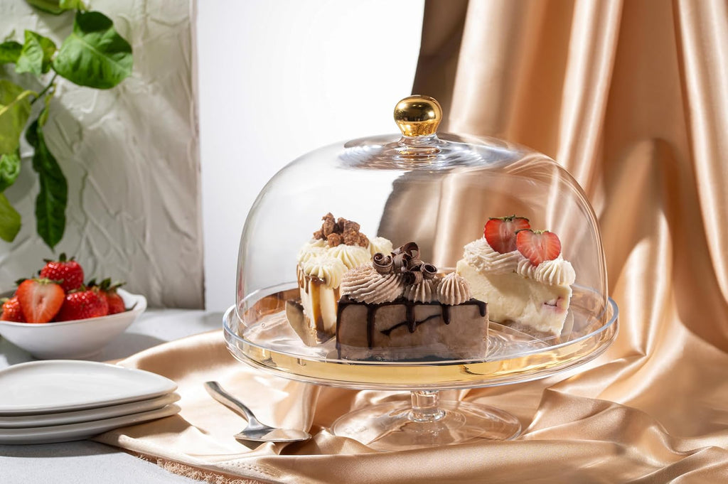 Glass - Cake Stand - and - Dome - with - Gold Rim - and - Gold Knob - for - Cake - Fruit - Cheese - 11.75" Diameter