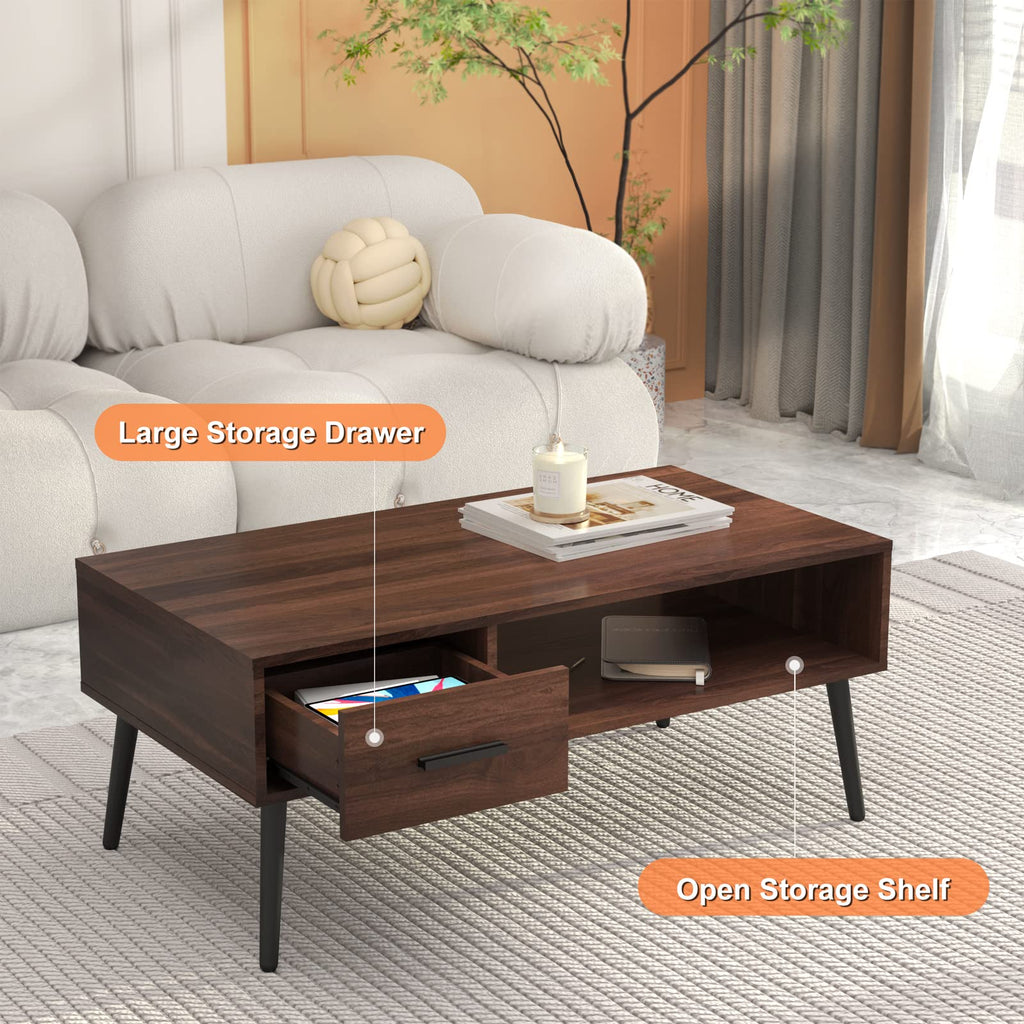 Mid Century Modern Coffee Table with Storage -Walnut