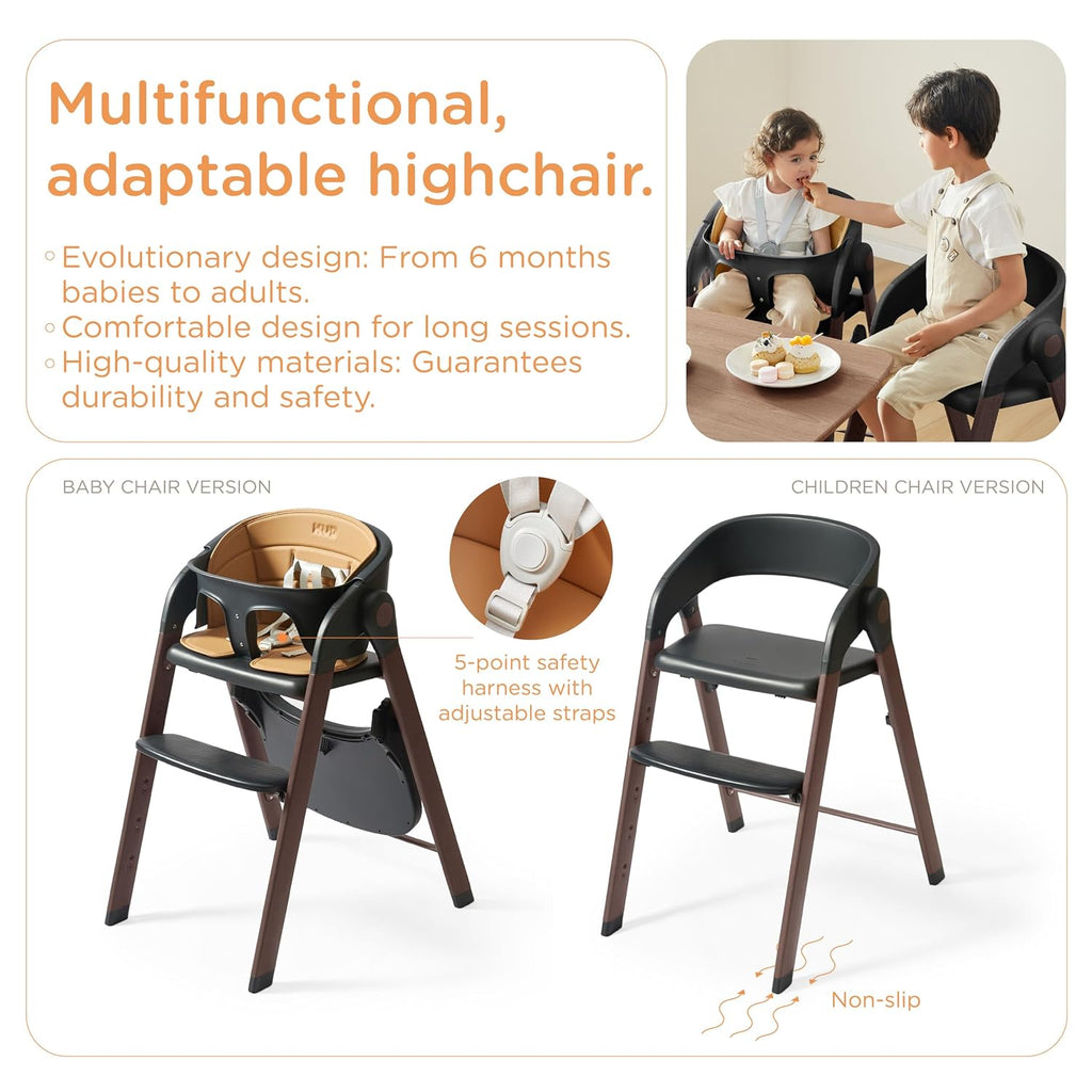 Foldable Baby High Chair for Family (Black& Wood-Printed Metal) | Portable High Chairs for Babies and Toddlers with