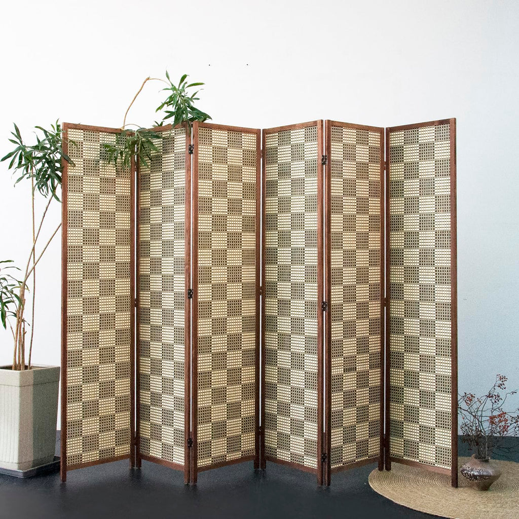 6 Panel Bamboo Room Divider - 5.6 ft Tall Double-Sided Folding Privacy Screen, Freestanding Wall Partition, Gray