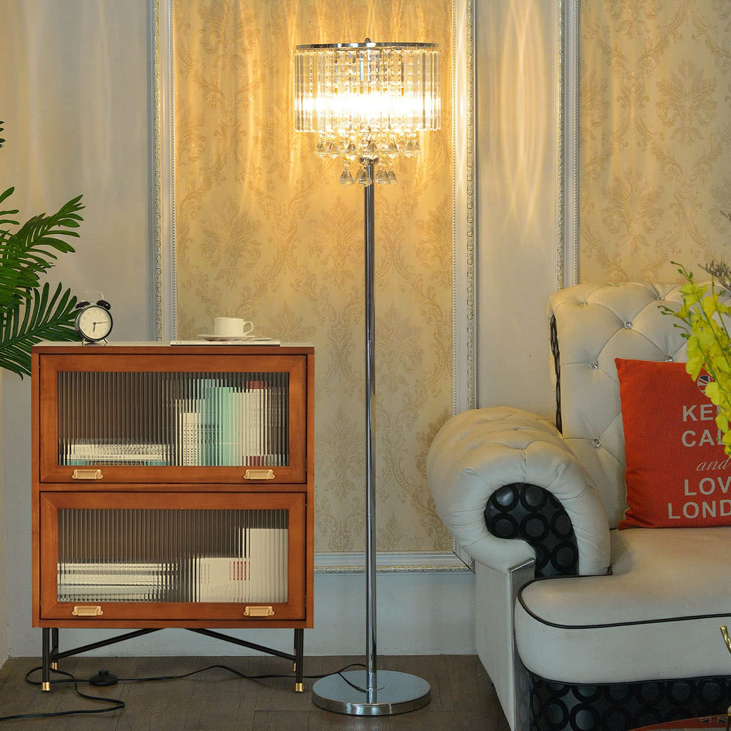Modern Elegance Crystal Floor Lamp, On/Off Foot Switch, Crystal & Glass 3-Lights Standing Light, Reading Corner Lamp