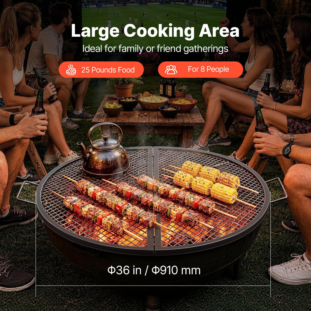 X-Marks Fire Pit Grill Grate, Foldable Round Cooking Grate, Heavy Duty Steel Campfire BBQ Grill Grid with Handle and