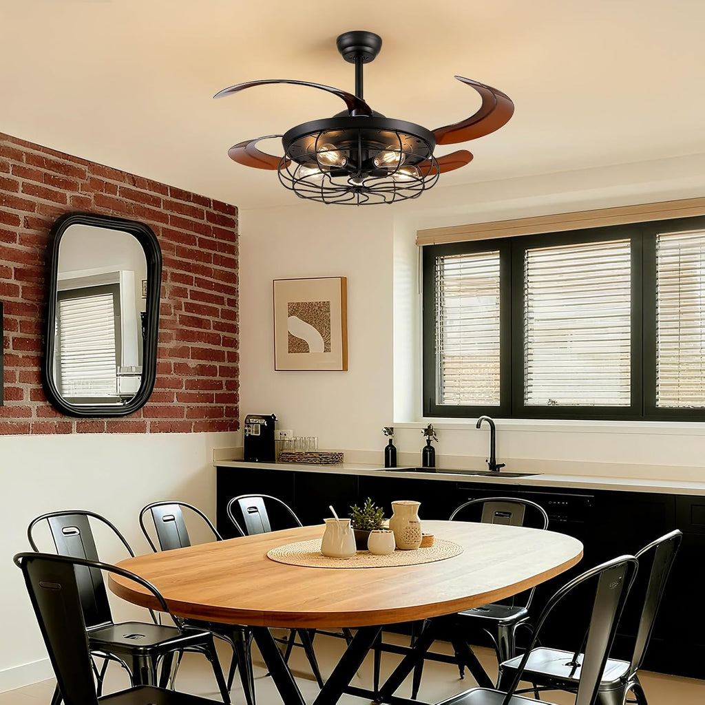 48" Industrial Caged Ceiling Fan with Light and Remote, Vintage Retractable Blades Ceiling Fan with Lights, Farmhouse
