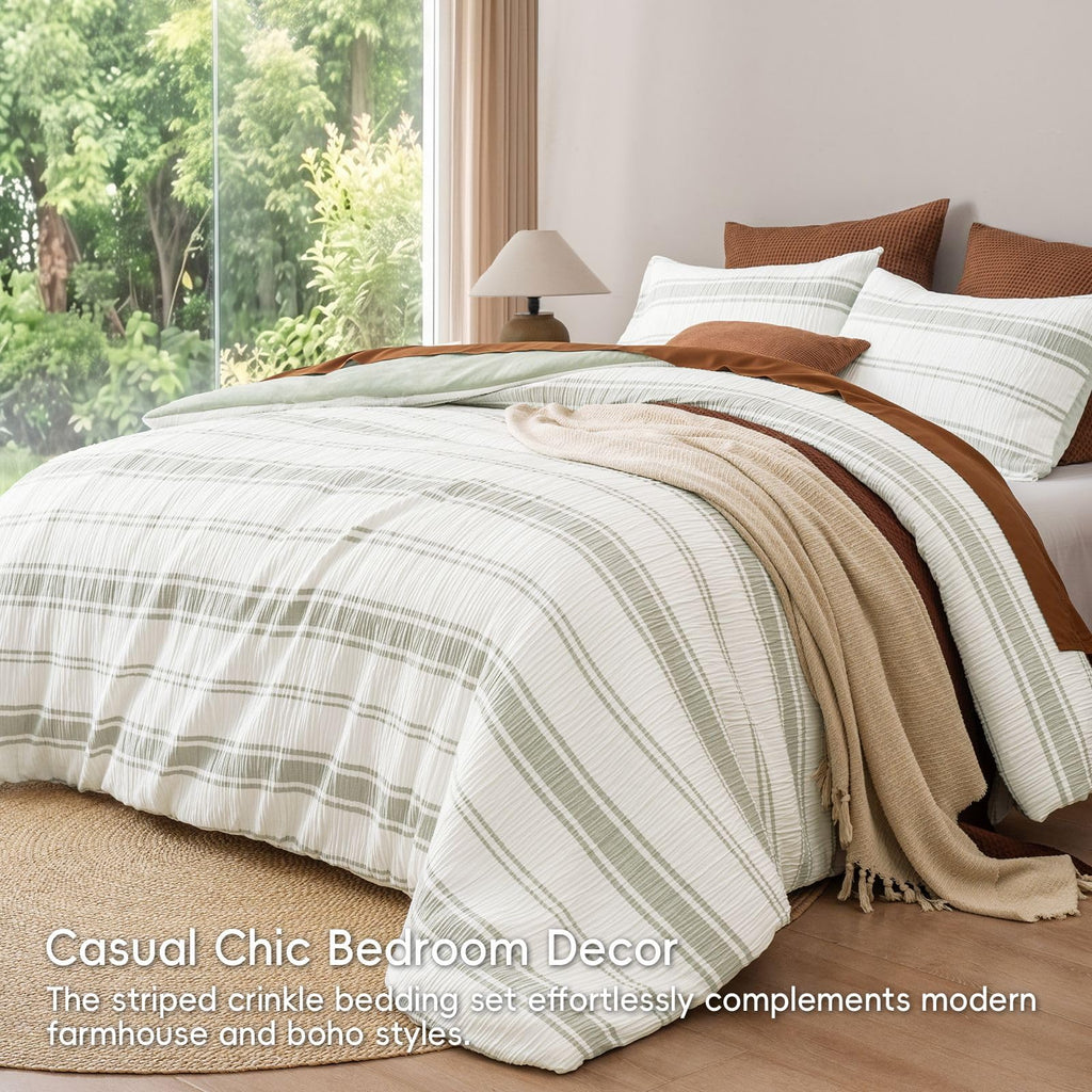 3-Piece Crinkle Comforter Set, Green Stripe, Soft & Breathable