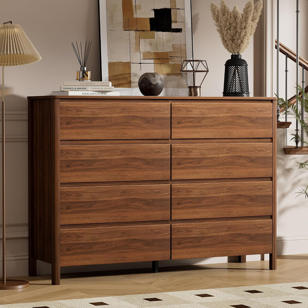 55" Mid-Century Modern Dresser , 8 Drawer Wide Chest of Drawers with Wood Legs, Large Storage Bedroom Dresser, Walnut