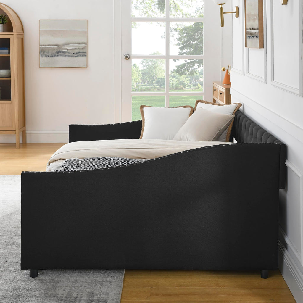 Full Daybed Frame with Two Storage Drawers, Modern Upholstered Button Tufted Day Bed w/Nailhead Trim and Wood Slat
