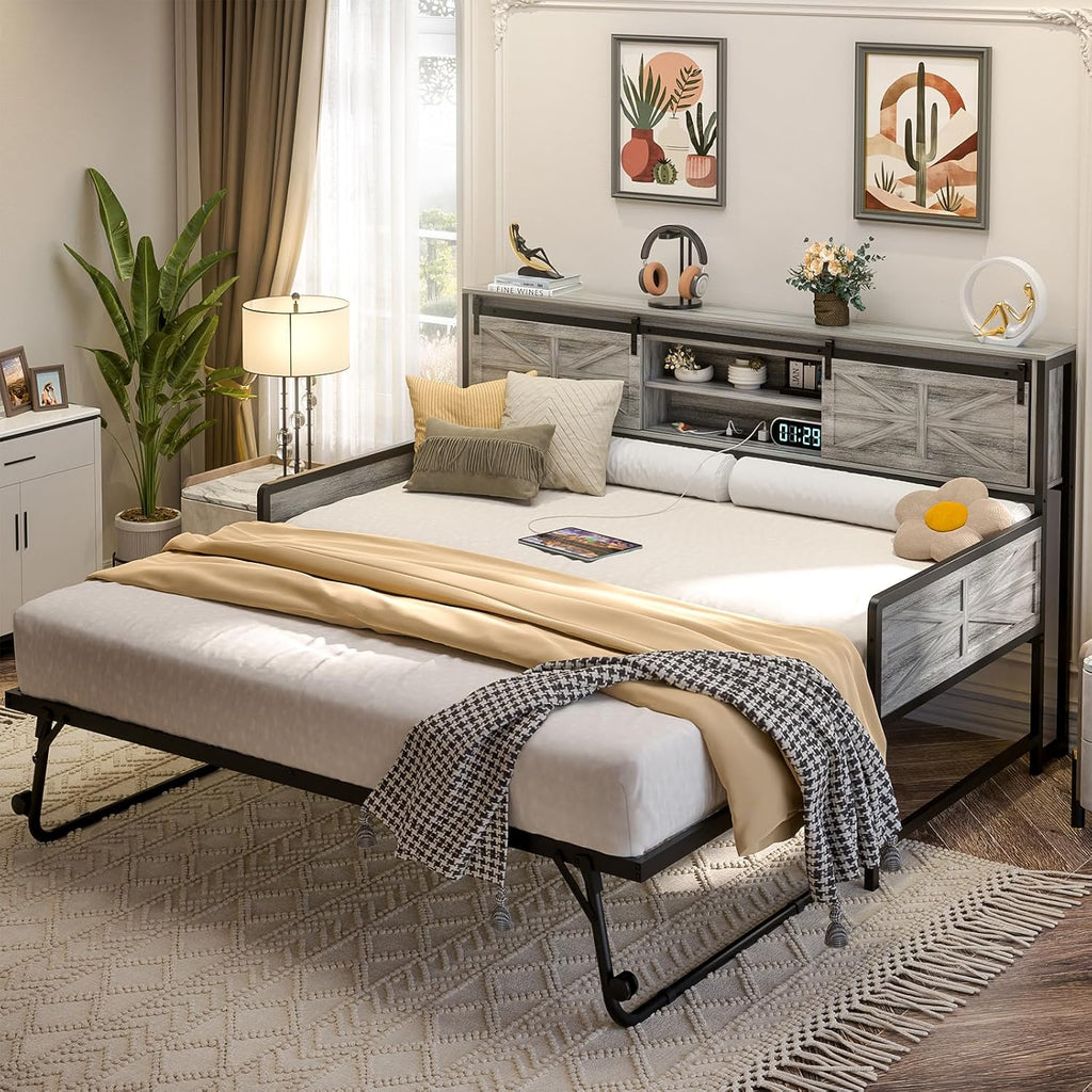 Farmhouse Twin Daybed with Pop-Up Trundle, Light Oak | Metal Trundle Bed Frame with Bookcase Headboard, Twin to King