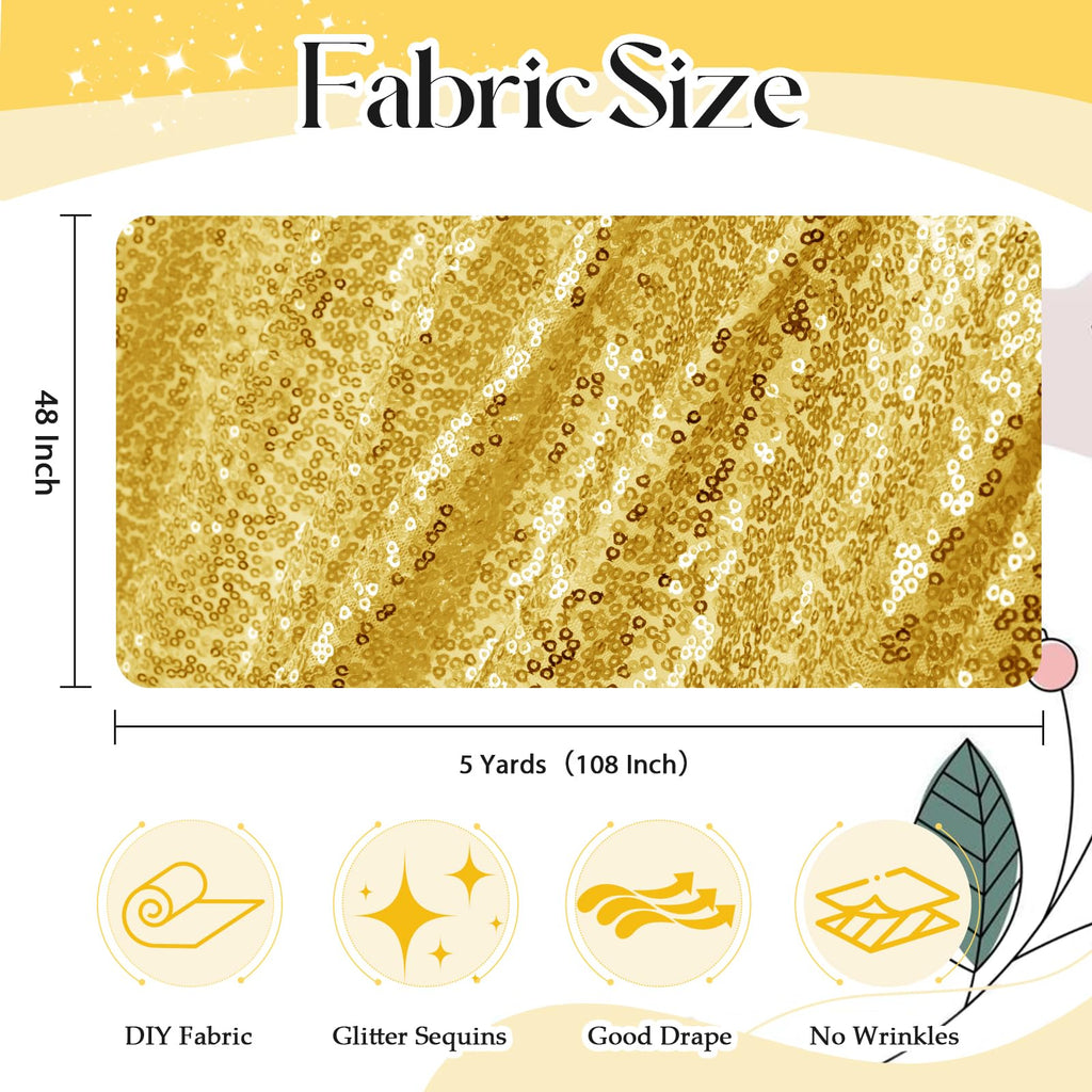 5 Yard Sequin Fabric by The Yard, Gold, 48 Inch Width