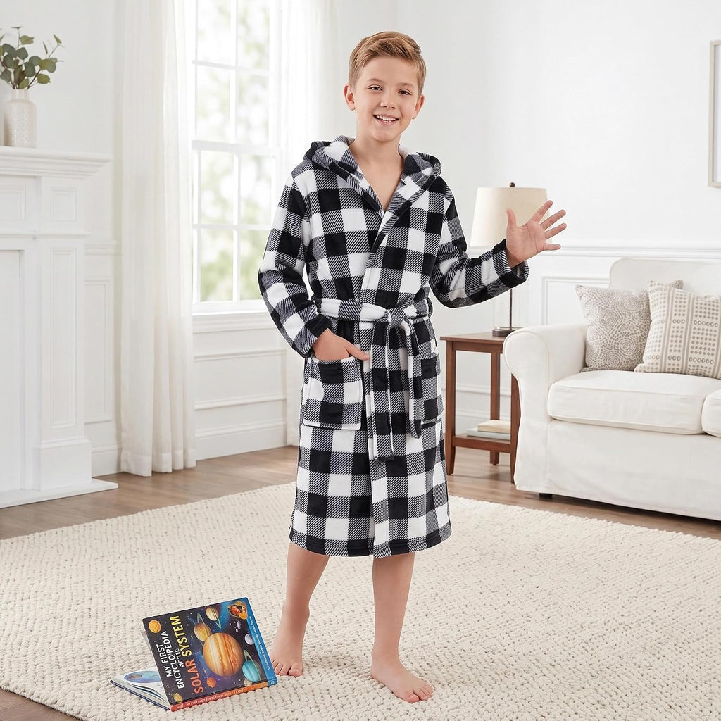 Boys Fleece Hooded Robe, Soft Print Bathrobe Kids 5-14(Black Plaid11-12)