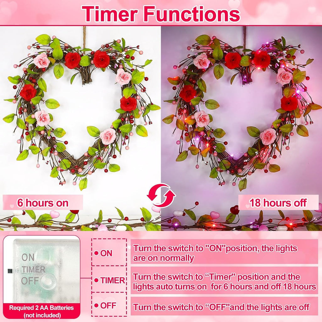 Valentines Day Wreath Decor with 20 Red and Pink Lights Timer, 18 Inch Valentines Wreaths for Front Door Rose Berry