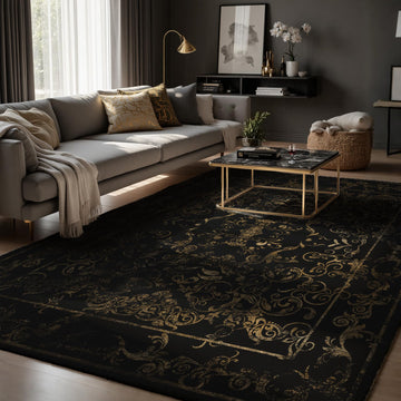 Black and Gold Baroque Area Rug, Machine Washable, 8 x 10 ft