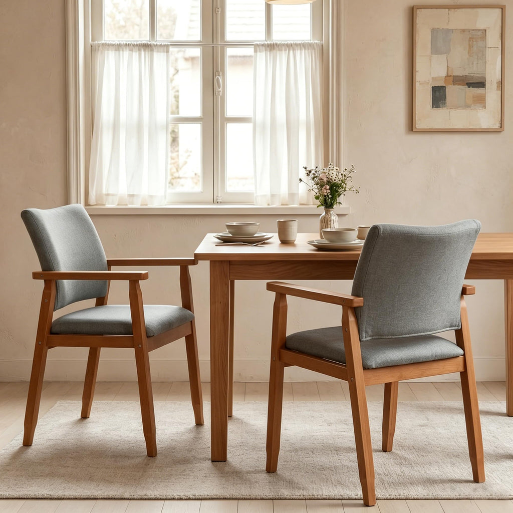 Mid-Century Modern Linen Dining Chair with Arms, Solid Wood Frame, 320 lbs Weight Capacity, Upholstered Accent Chair