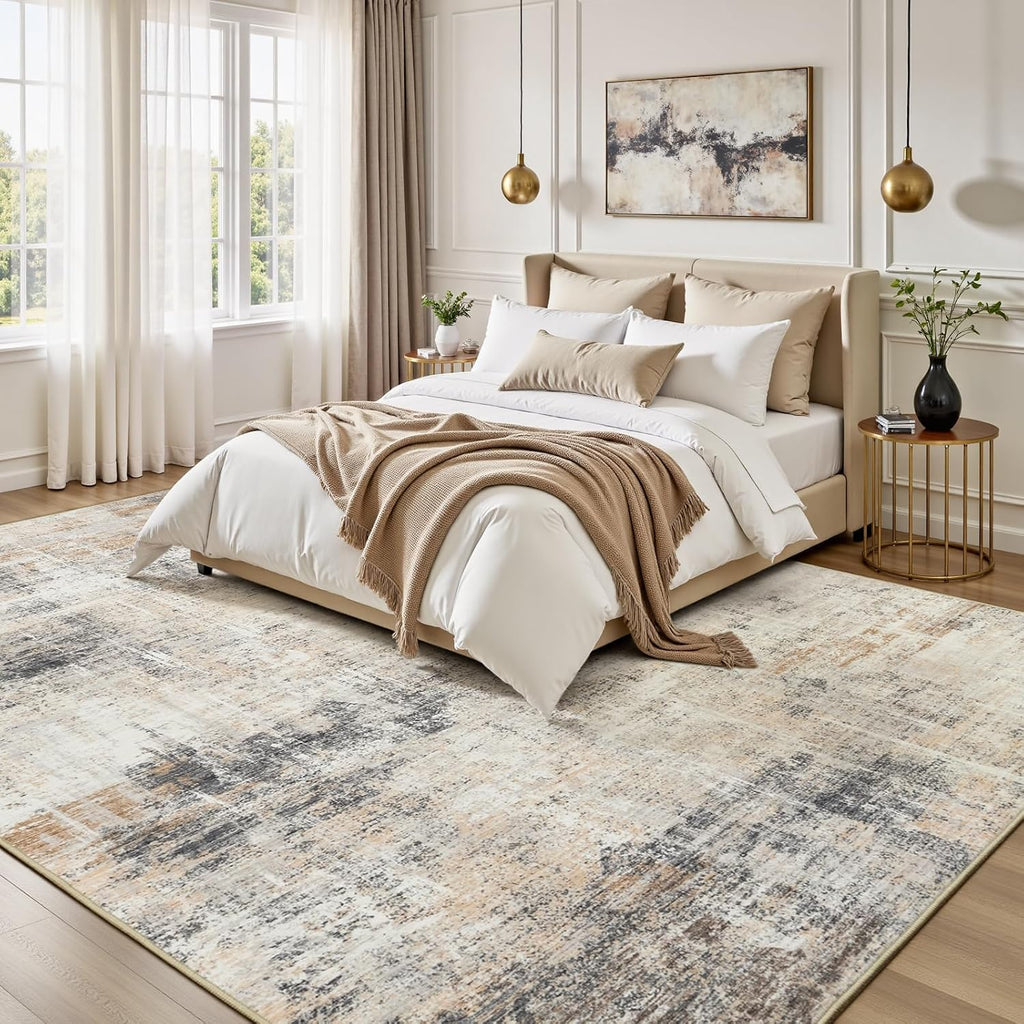 8x10 Area Rug, Abstract Washable Non-Slip Large Rugs, Gold