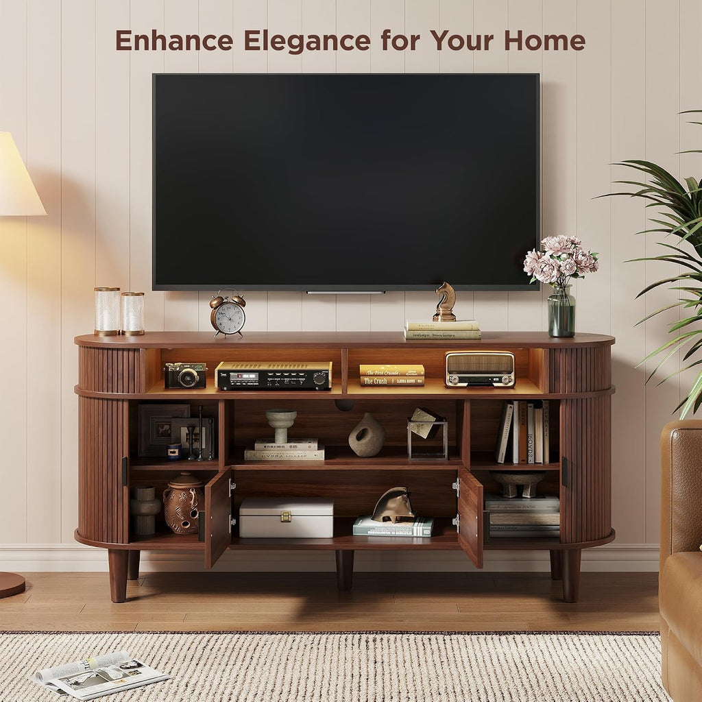 59" Fluted TV Stand with Sliding Doors, Mid Century Modern TV Stands for Tvs up to 65", Entertainment Center with