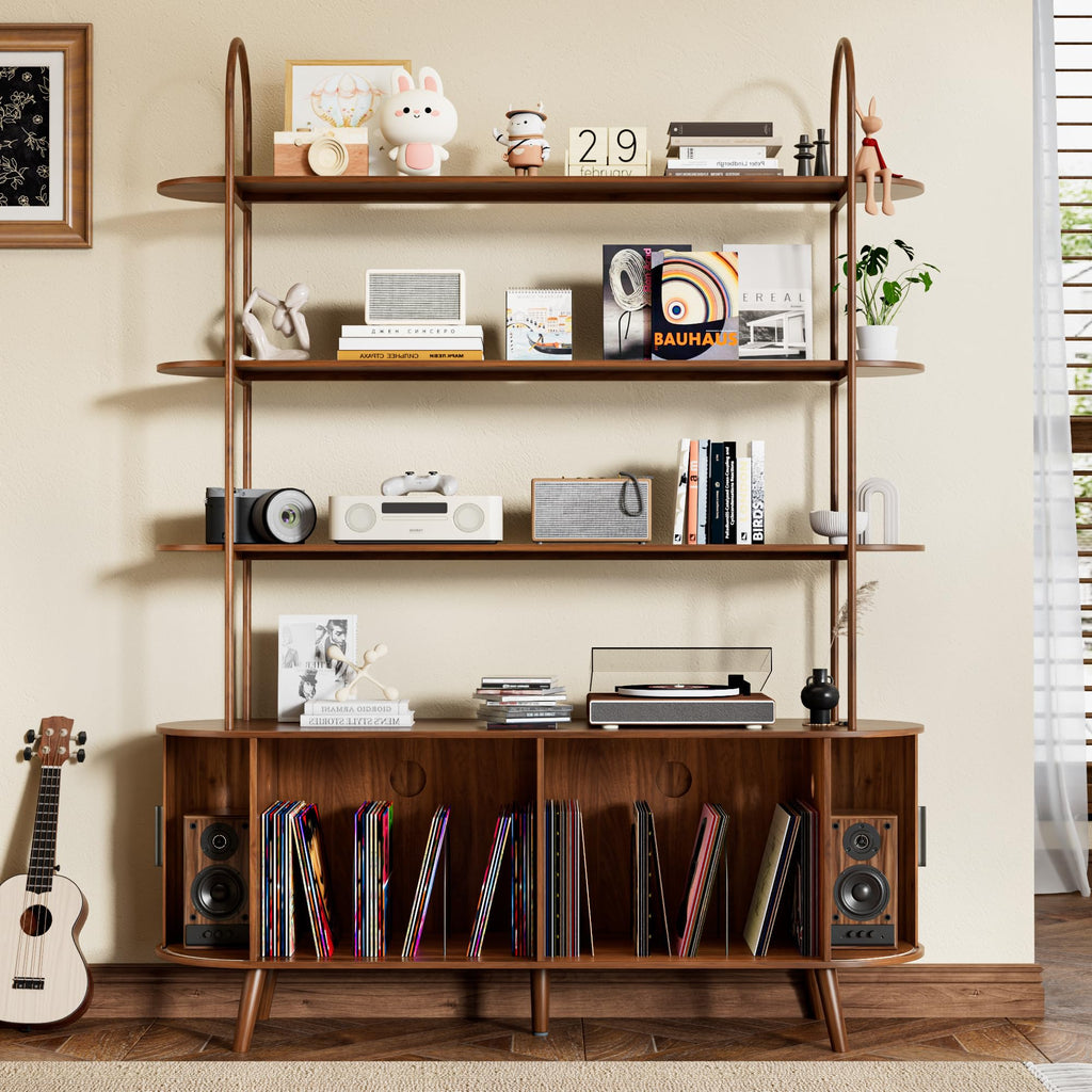 Tall Large Vinyl Record Player Stand, Fluted Long Record Storage Cabinet with Sliding Doors, Mid Century Modern