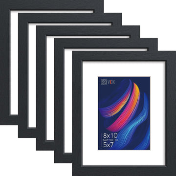 8x10 Picture Frame Black - 5 Pack, with Tempered Glass, Displays 5x7 Photo with Mat or 8 x 10 Without, for