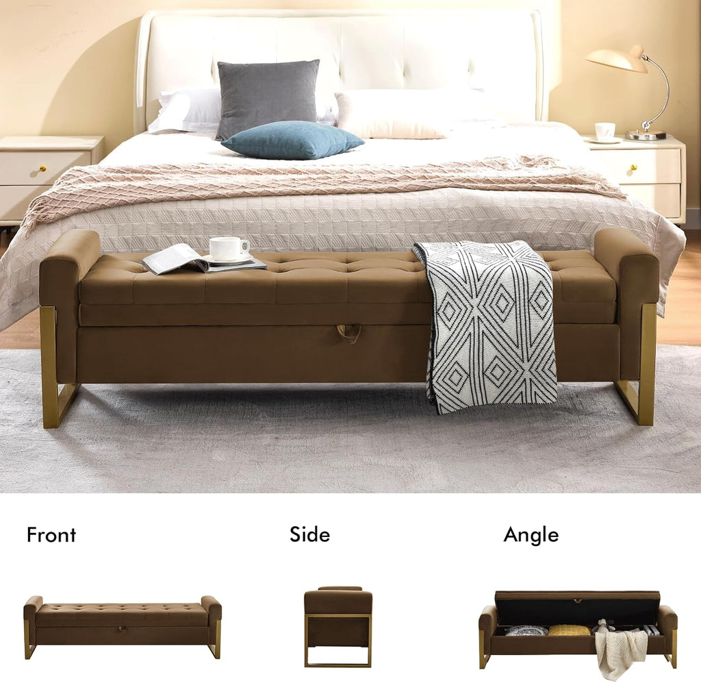 67" Storage Bench , End of Bed Bench King Size, Brown | Upholstered Velvet Storage Ottoman Bench with Golden Legs