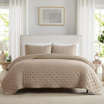 Beige Cloud King Quilt Set, Tan Lightweight Farmhouse Bedspread, Rustic Country Coverlet, Taupe Camel Soft Bedding