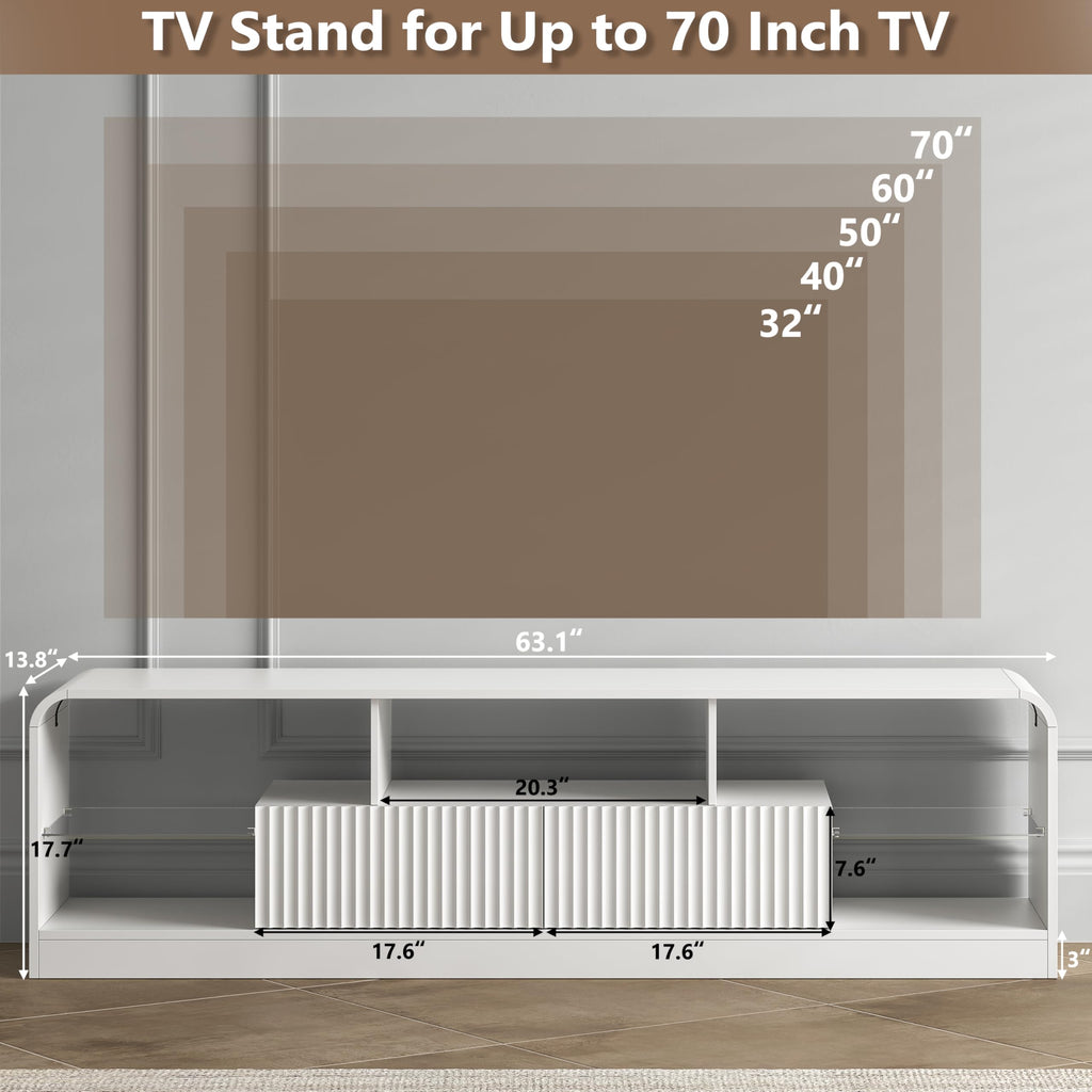 For 60/65/70 Inch TVs, Modern Curved TV Console with LED Lights, 2 Drawers & Glass Shelves, Living Room Entertainment
