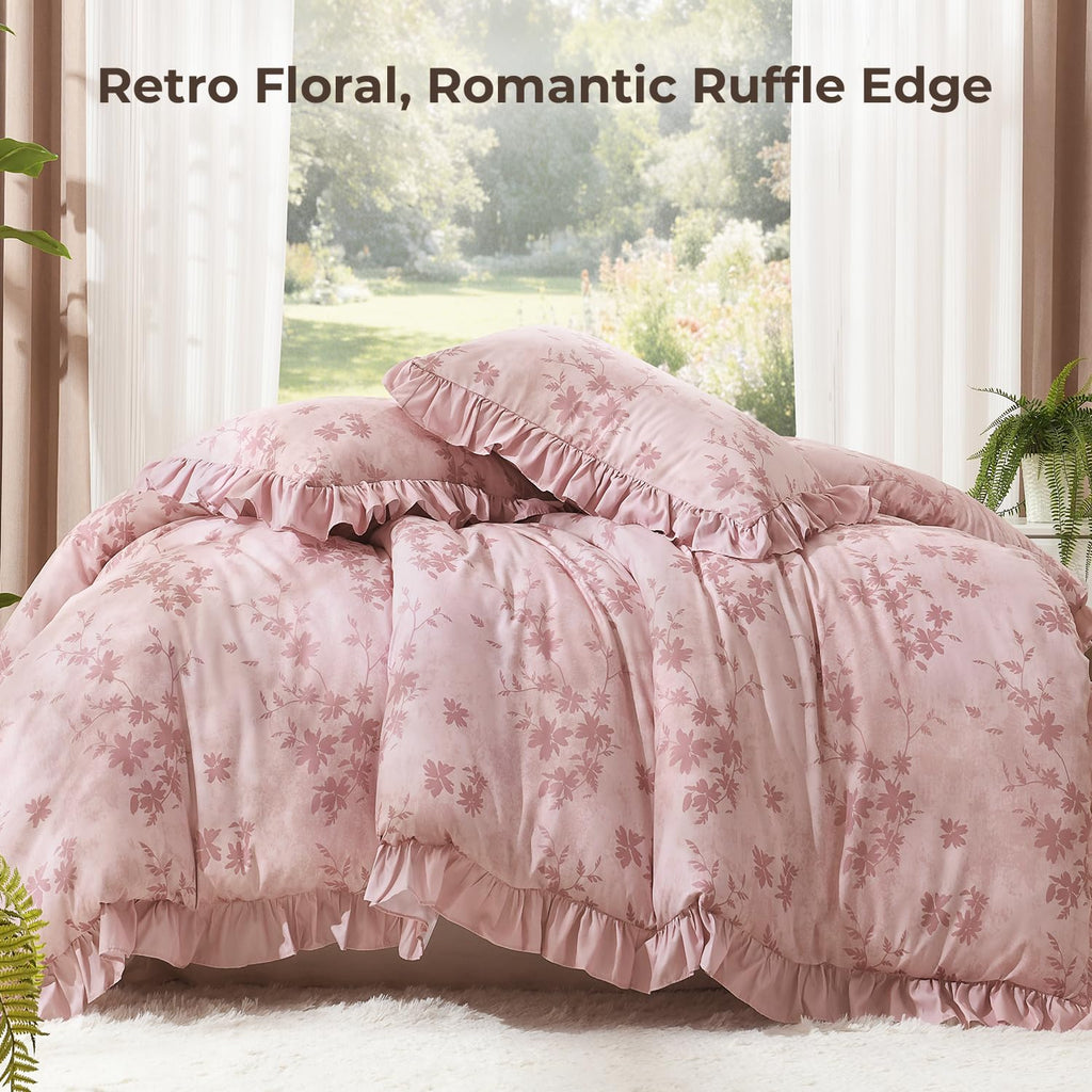 Comforter Set, 3 Pieces Grey Pink Floral Ruffle Bedding Set