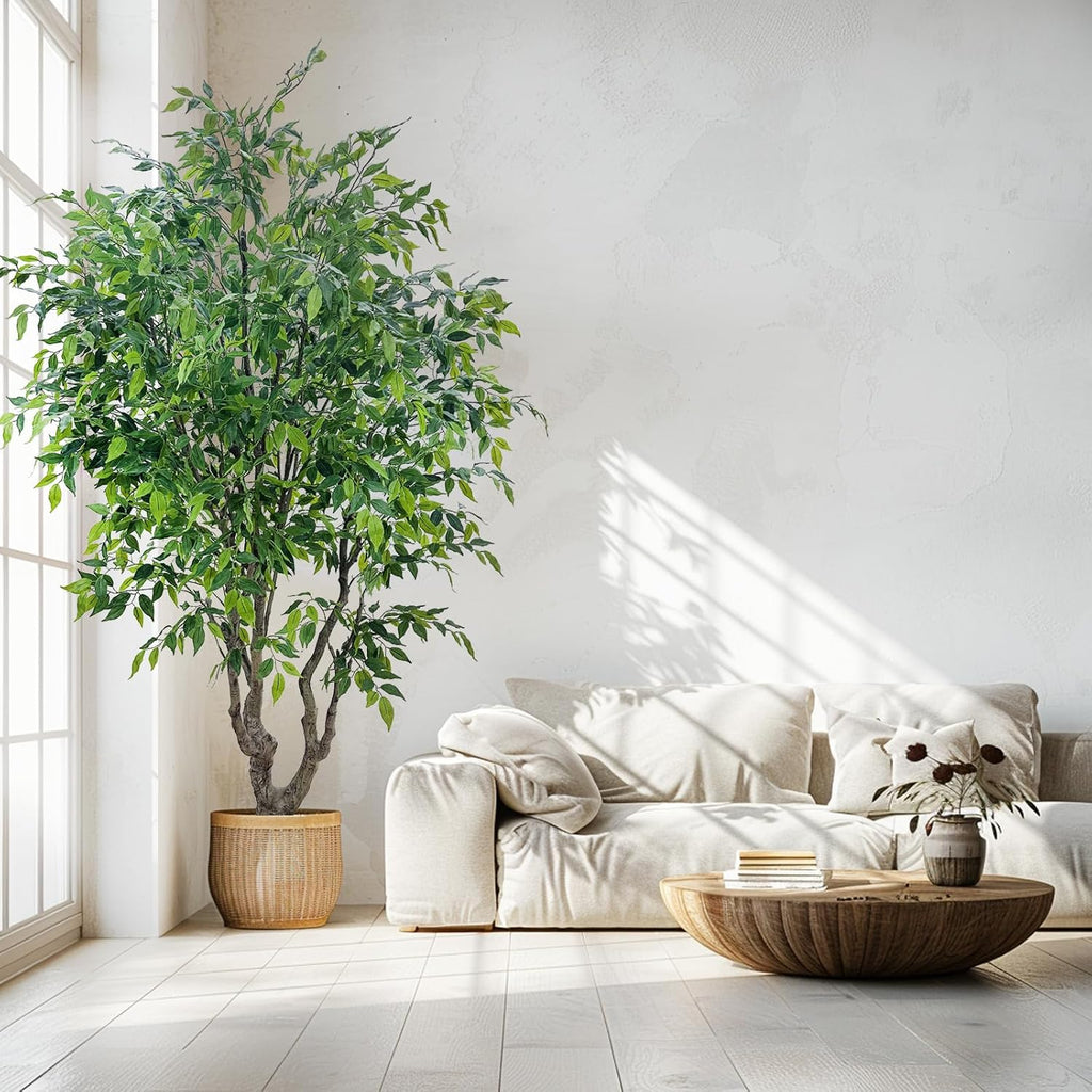 8FT Artificial Ficus Tree - Lifelike Faux Indoor Tree with Natural Trunk, Large Fake Plant & Commercial Interior Decor