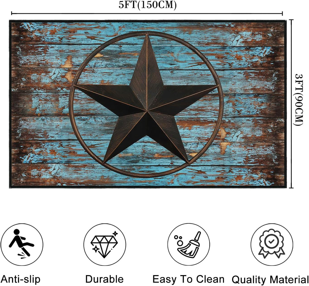 Western Area Rug,Rustic Barn Texas Star on Old Wooden Plank,Ultra-Thin Washable Throw Carpet Teal Rugs Indoor