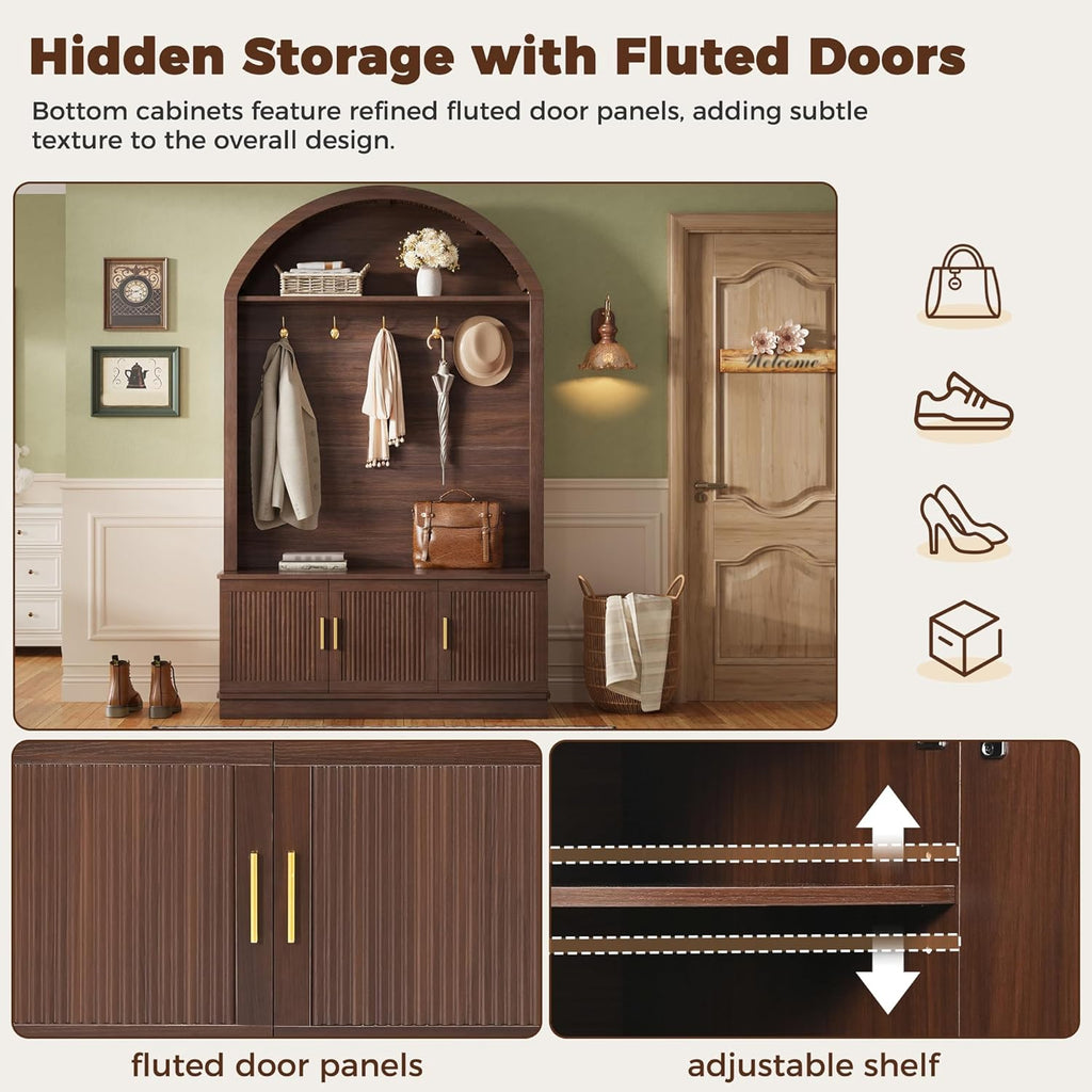Farmhouse Arched Top Hall Tree with 5 Metal Hooks, All-in-One Mudroom Storage with Adjustable Shelves & Fluted Door