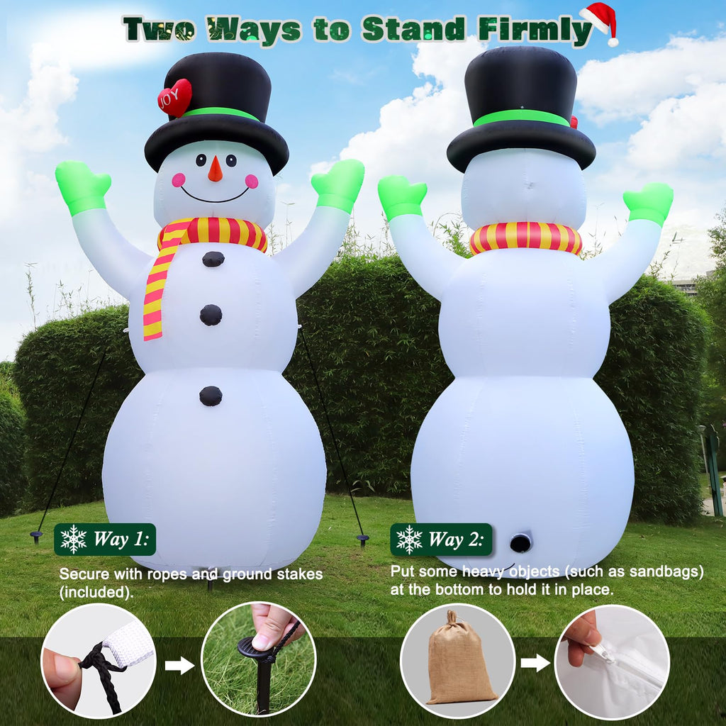 10FT Christmas Inflatables Snowman Wear Magic Hat, Blow Up Outdoor Decorations, Giant Snow Man Built-in Bright LED
