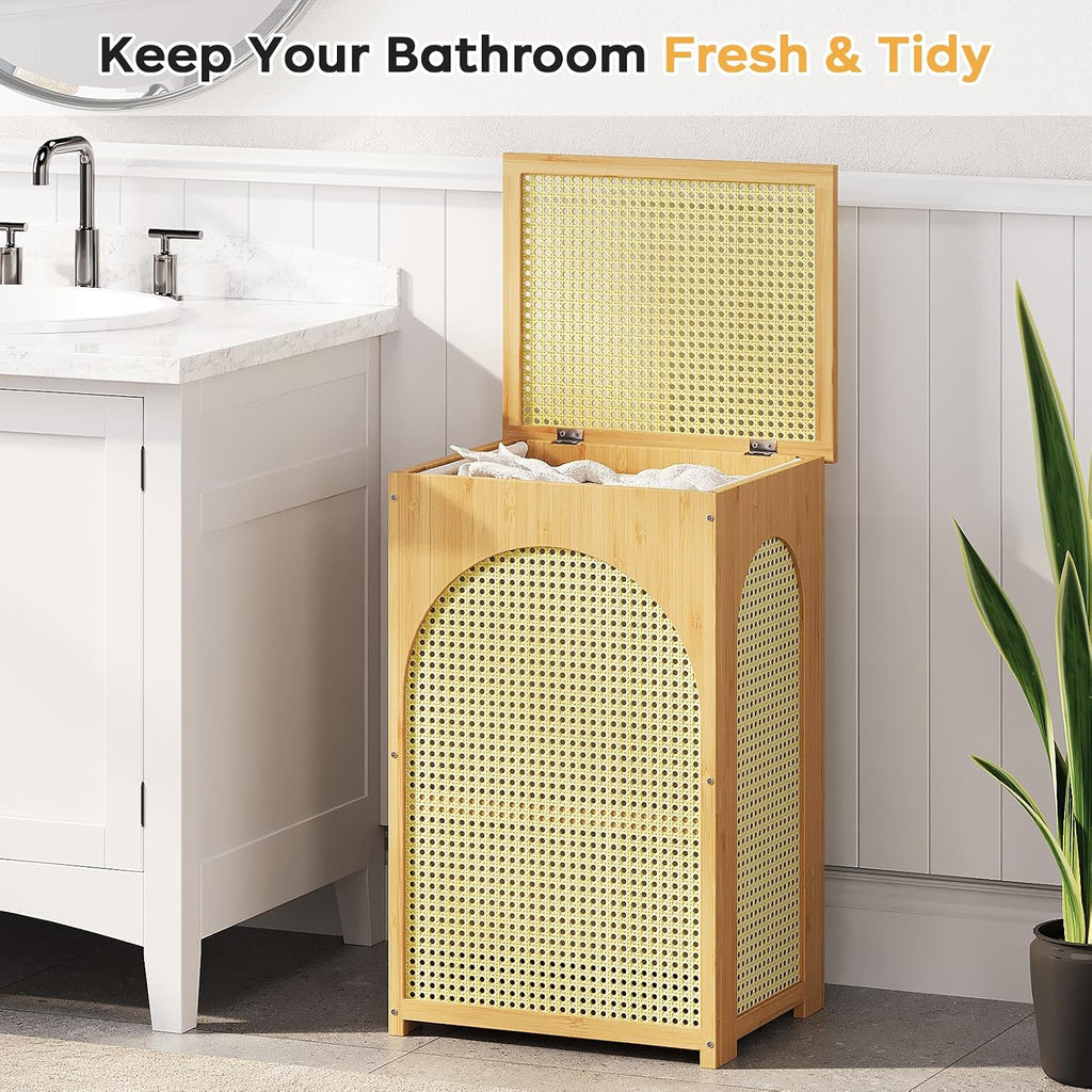 Bamboo Laundry Hamper with Lid, 16.9" x 13.4" x 26.8" Wooden Clothes Basket with Removable Liner Bag, Space-Saving