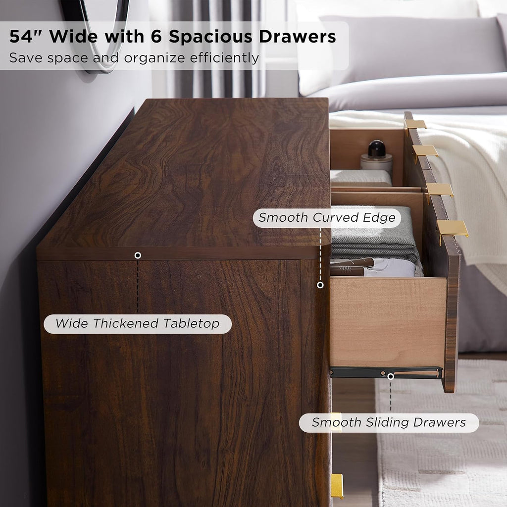 54" Wide Fluted 6 Drawer Dresser , Dark Walnut | Mid Century Modern, Curved Profile, Metal Handles, Anti-tip Kit