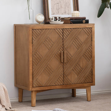 Mid-Century Modern Accent Cabinet with Doors, Wooden Sideboard with Unique Woven Pattern Design, Rustic Buffet