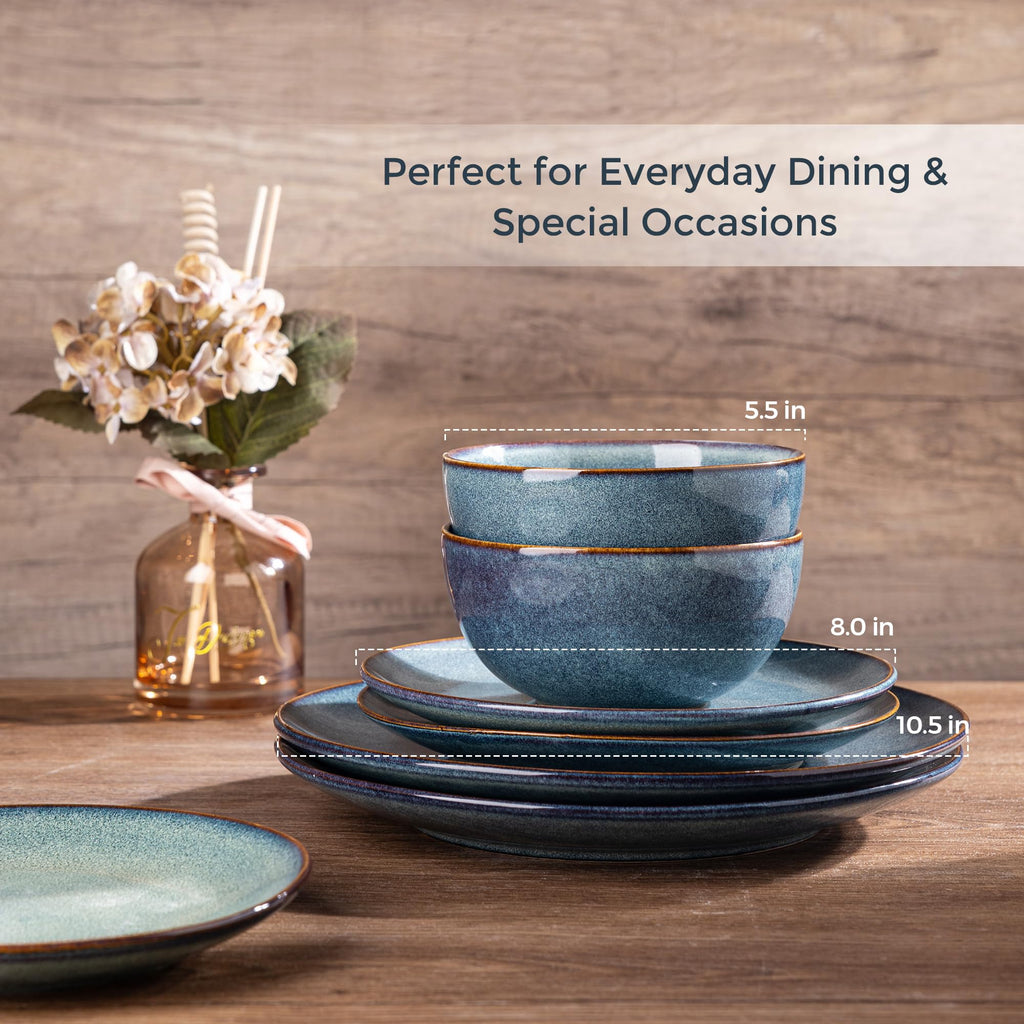 Ceramic Dinnerware Sets for 4, 12 Pieces Handpainted Plates and Bowls Set, Scratch Resistant Stoneware Dishes Set