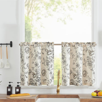 Linen Cafe Curtains 36 in Black Floral Farmhouse Tier 2 Panels