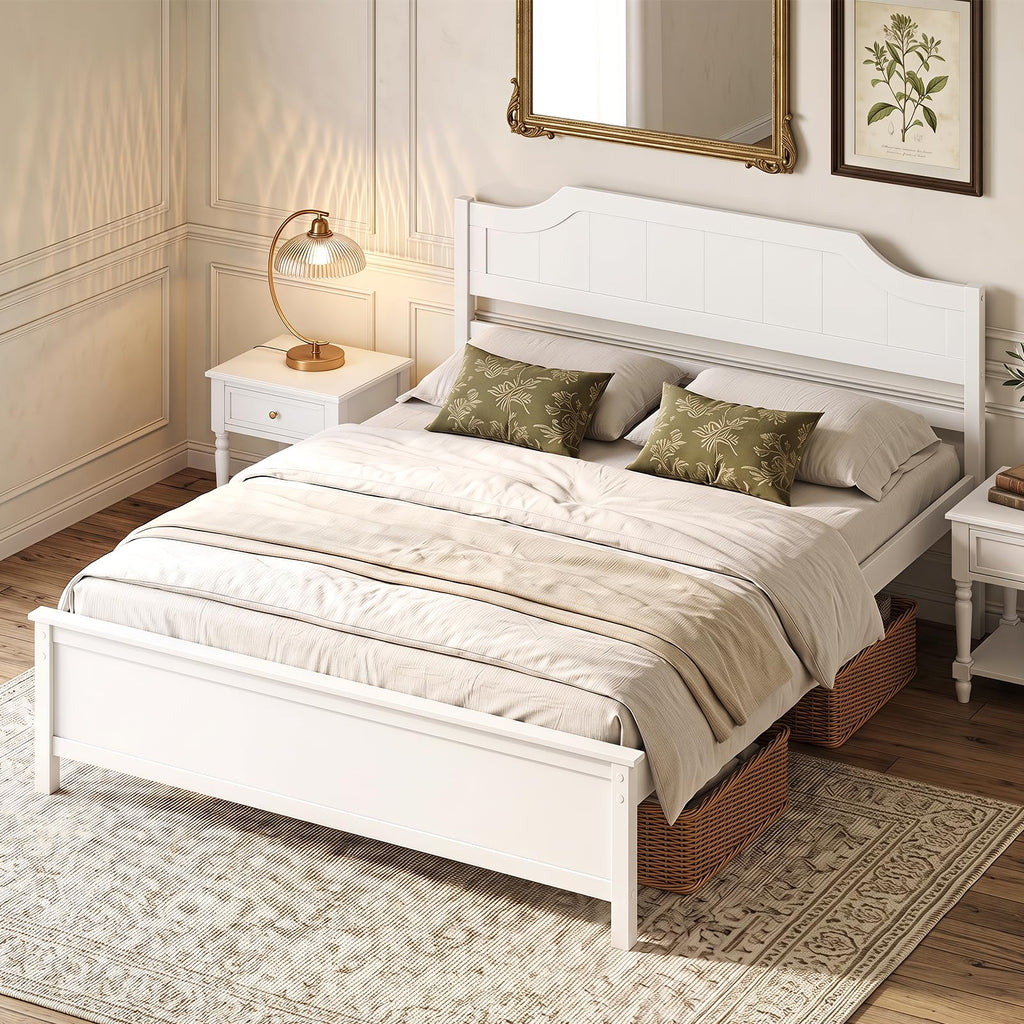 Queen Size Wooden Bed Frame with Headboard, Wood Slat Support