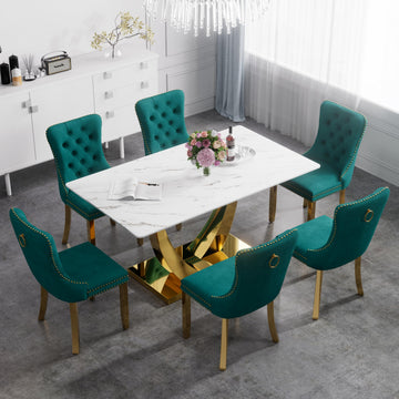 Mid Century Modern Glass Dining Room Table Set for 6, 63'' White Faux Marble Rectangle Dinner Set, 7 PCS Retro