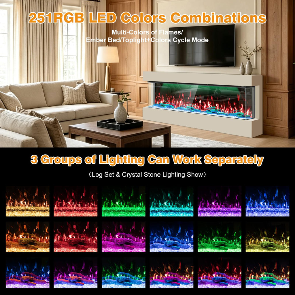 3-Sided Smart 80" 3D Mirrored Electric Fireplace Build in Heater